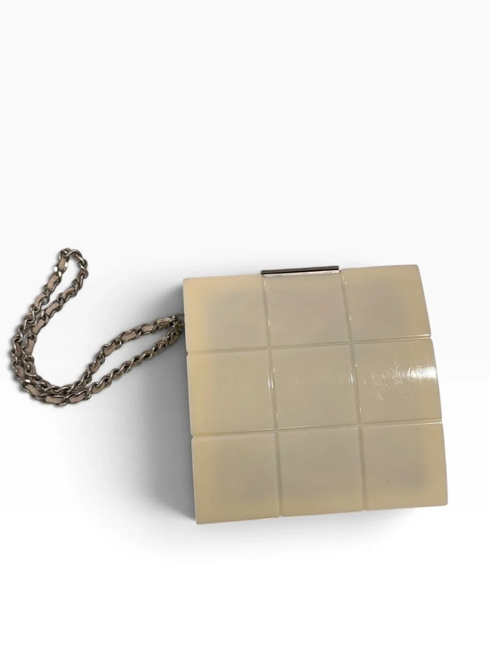 Vintage Chanel Chocolate Bar Minaudiere Acrylic Chain Strap Clutch Bag Cream